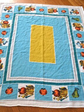 Vintage Mid-Century 100% Linen Tablecloth Fruit Turquoise Gold 57"x48" Hungary